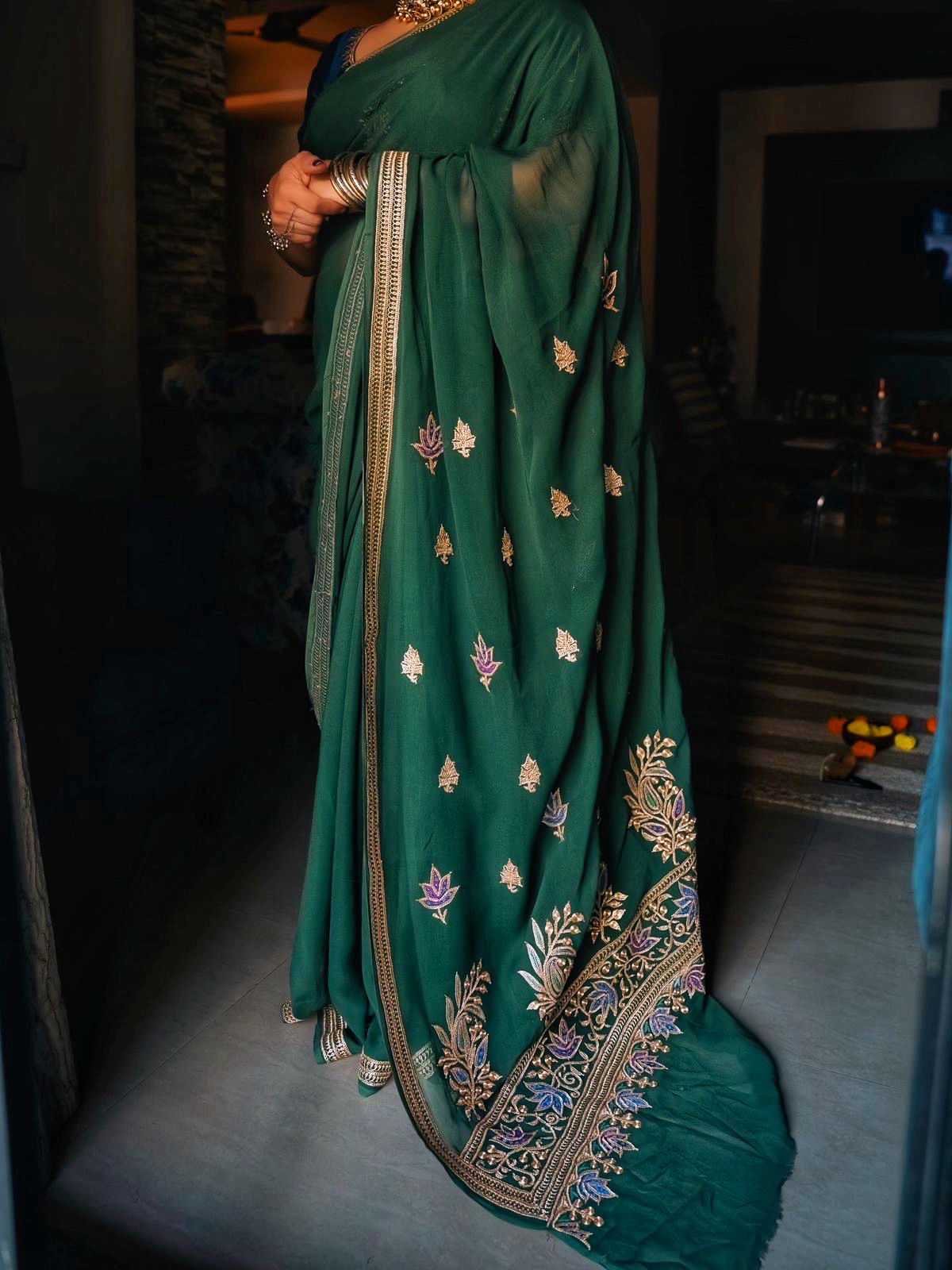 Green Georgette Saree – Handcrafted Tilla & Sozni Embroidery