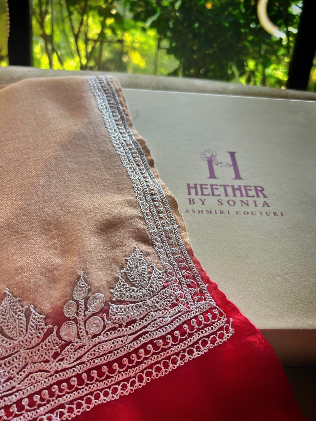 Peach to Red Ombre Hand Tilla Pashmina Stole