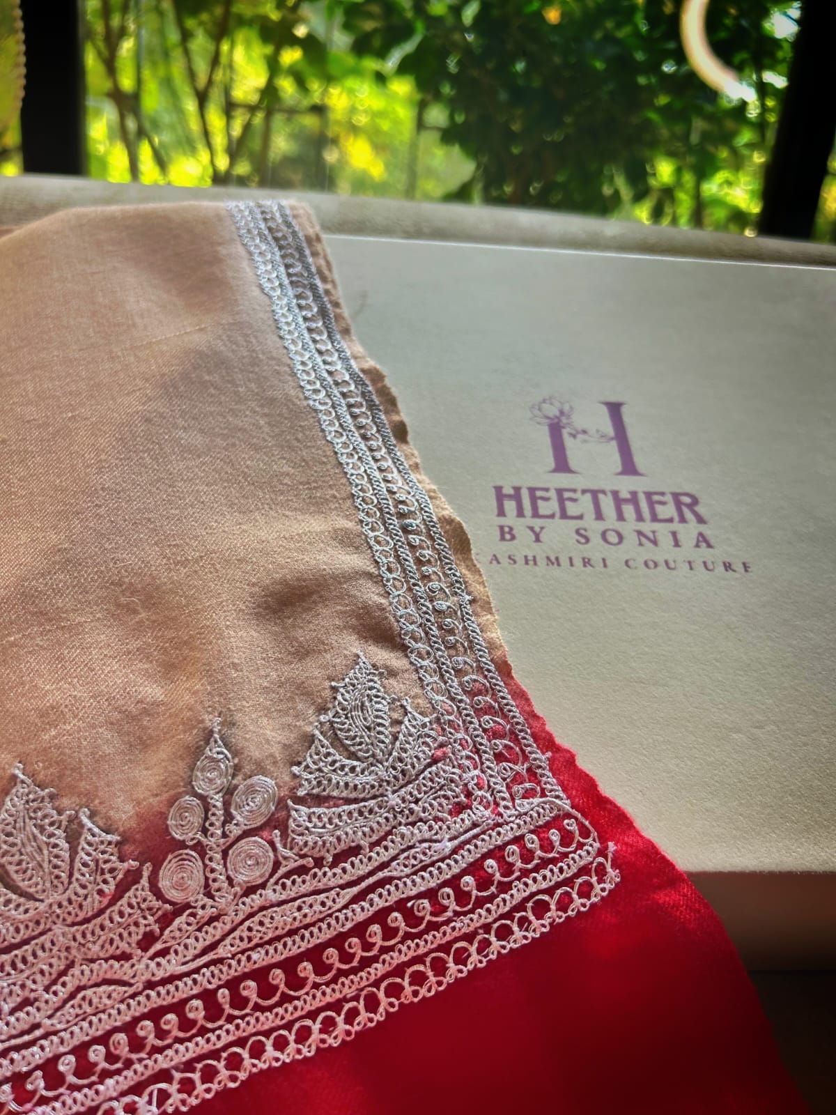 Peach to Red Ombre Hand Tilla Pashmina Stole